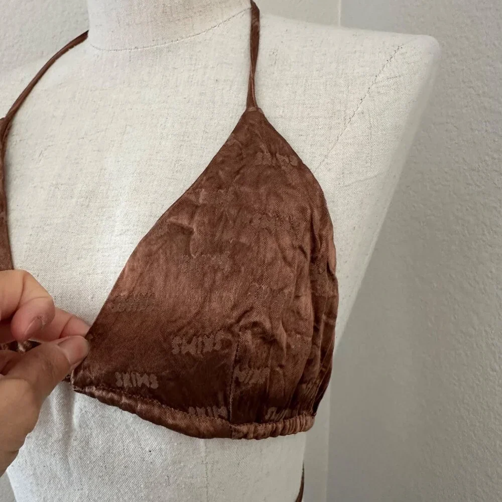 SKIMS Triangle Bikini Swim Top Satin Logo String Tie Brown L